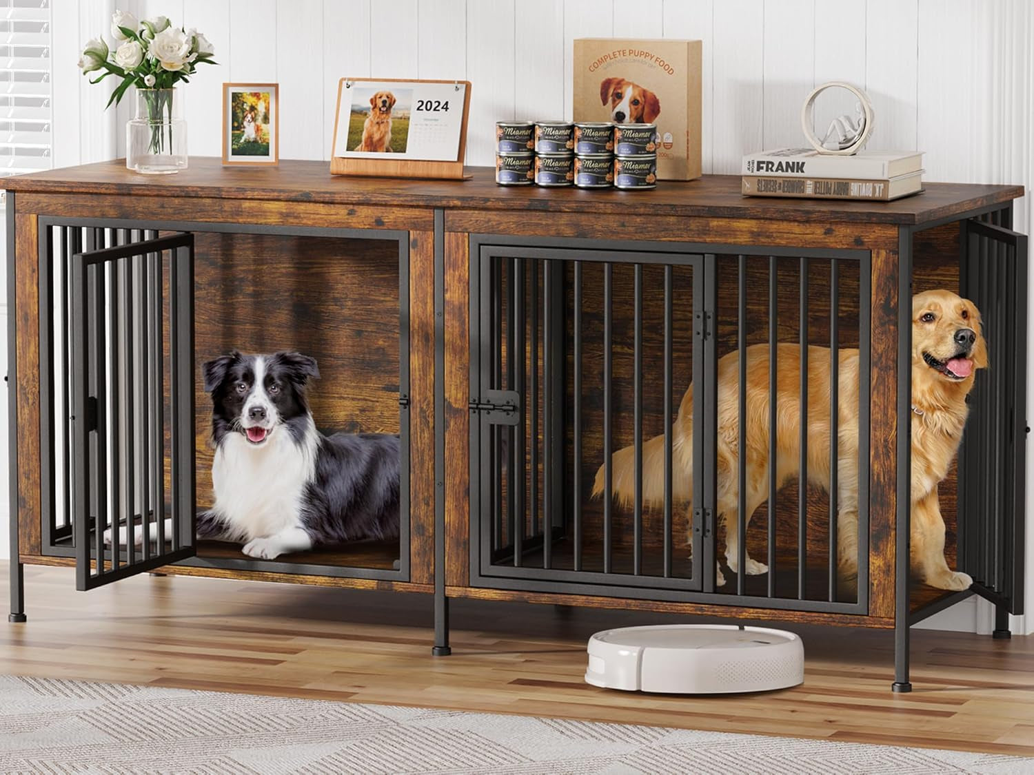 78 Inch Dog Crate Furniture for 2 Dogs, Extra Large Double Dog Cage Large Breed, XXL Thick Wooden Dog Crate TV Stand, Sturdy Dog Kennel with Divider