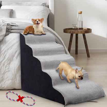 Dog Stairs 24 inches High 5-Step Dog Stairs for High Beds 24-28 inches Tall Dog Stairs for Small/Large Dogs to High Beds 26 inches Non-Slip Dog Stairs Steps for Beds 28 inches Light Grey
